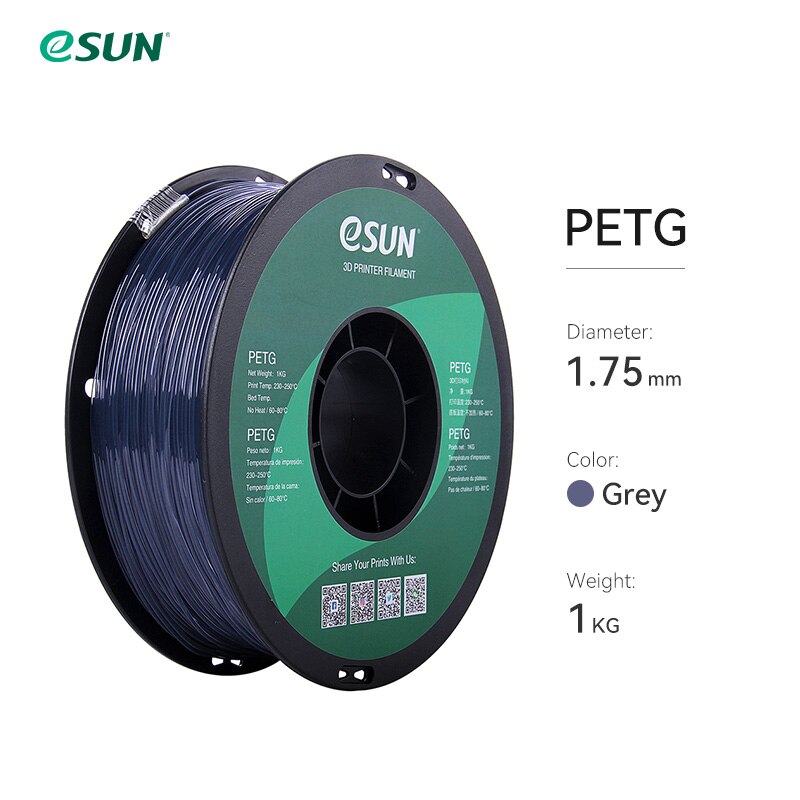 Esun petg filament 1.75mm,3d printer filament petg nøjagtighed  +/- 0.05mm,1kg 2.2 lbs spole 3d printmaterialer til 3d printere: Gennemsigtig grå