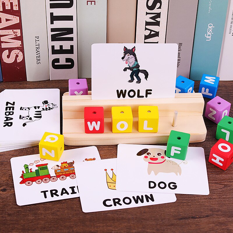 Wooden Letters Stacking Puzzle Words Cognitive Colorful Wooden Blocks Letters Matching Game With Double-Sided Cards