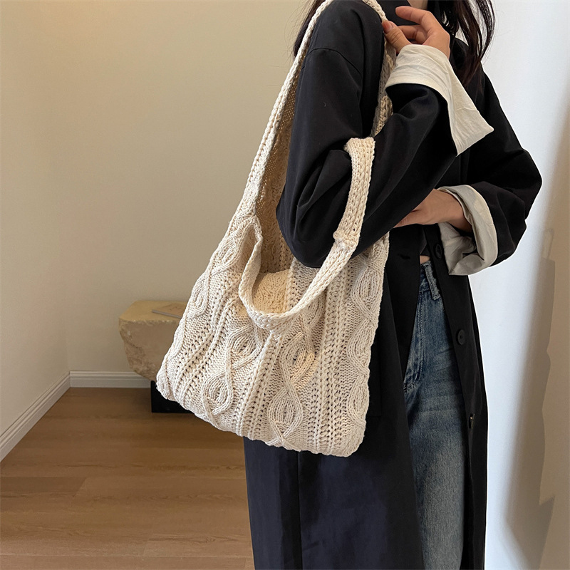 Bolso tipo shopper de hombro tejido de lana para mujer, bolso de compras Vintage de tela de algodón para niñas, bolso grande para mujer, bolso de ganchillo