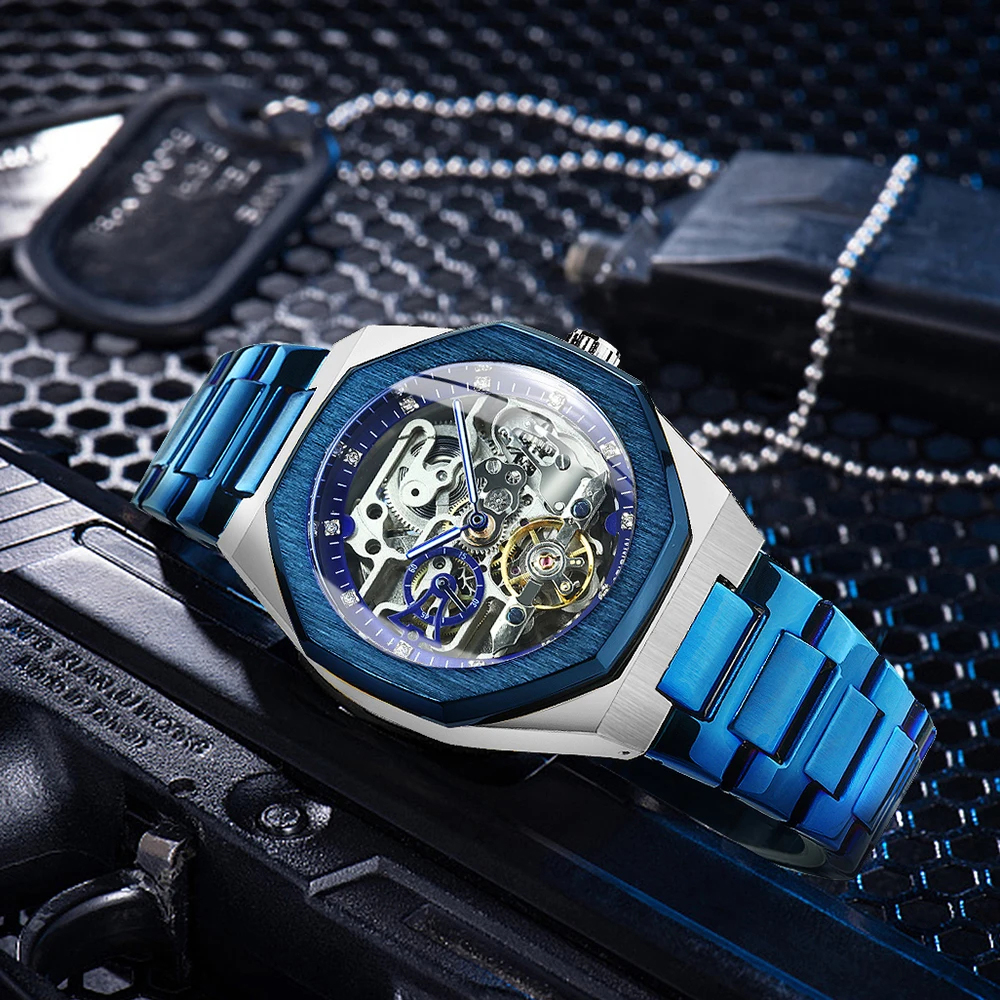 Forsining Lässige automatische mechanische Uhr für Herren, leuchtende Zeiger, Edelstahlarmband, modische Luxus-Skelett-Herrenuhren