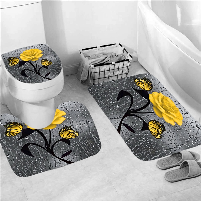 Rideau de Douche 3D Imperméable à Imprimé Rose en Polyester, Accessoires Disponibles en 5 Couleurs, Ensemble de Moquette de Décoration et Tapis de Bain Antidérapant pour toilette et Maison: 3PC Mat Set-E