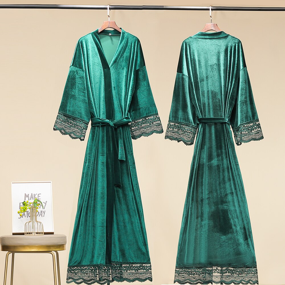Długi jednokolorowy aksamitny szlafrok dla kobiet szata druhna szaty koronki wykończenia aksamitna szlafrok kimono suknia ślubna czarny aksamit winterrobe: zielony