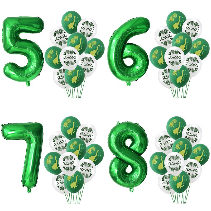 11Pcs Green Foil Number Balloons Dinosaur Latex Balloon Kids Jungle Theme Birthday Safari Forest Party Decorations Baby Shower