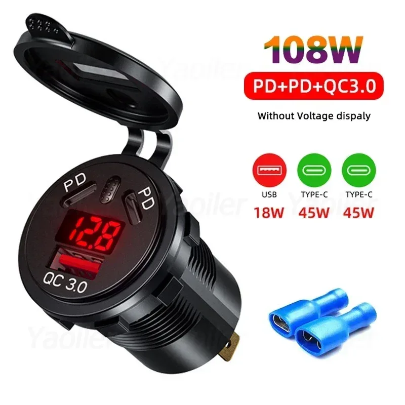 12V/24V USB-Steckdose 108W 3 Häfen Autoladegerät Dual 45W PD Typ C & 18W QC 3.0 USB-Ladegerät für Motorrad-Steckdose Ladeadapter: Gelb