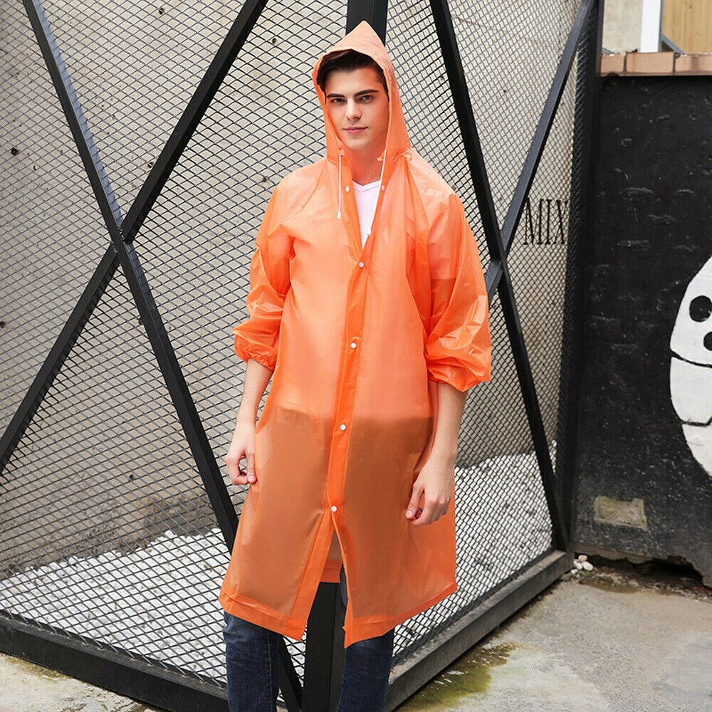Adult Raincoat Clear Transparent Waterproof Plastic Reusable Rain Poncho Hood Lady Men Travel Camping Rainwear Suit: Orange
