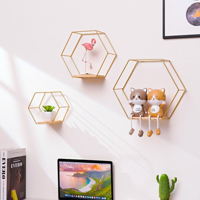 Wall Mounted Floating Hexagon Shelves, Metal Framed Gold Shelves With Wooden Floor For Wall Storage &amp; Display 2022
