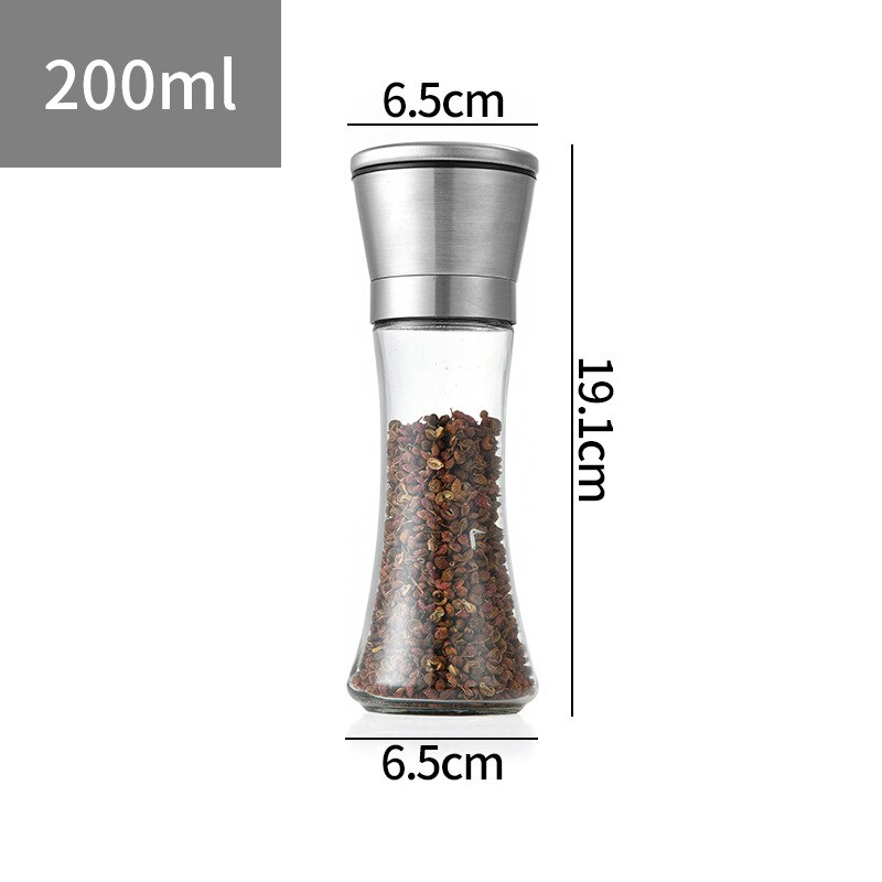 Stainless Steel Mill Pepper/Salt/Spice Grinder Kitchen Supplies Spices Glass Storage Container pepper mill Kitchen Gadgets Tools: Silver-200ML2