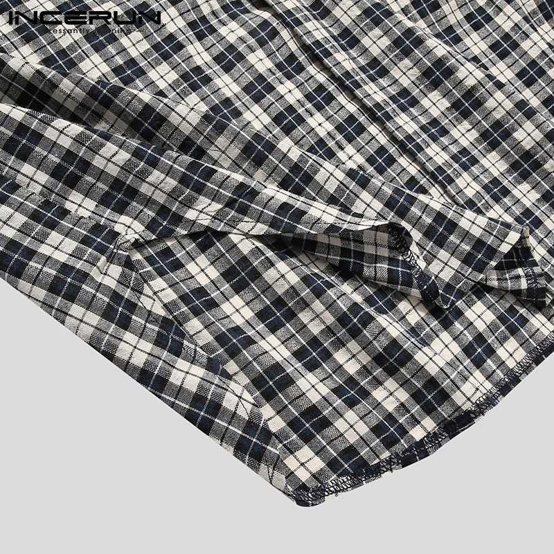 INCERUN Men Plaid Sleep Robes Casual Long Sleeve Lapel Leisure Bathrobes Loose Button Comfortable Nightgown Homewear 5XL