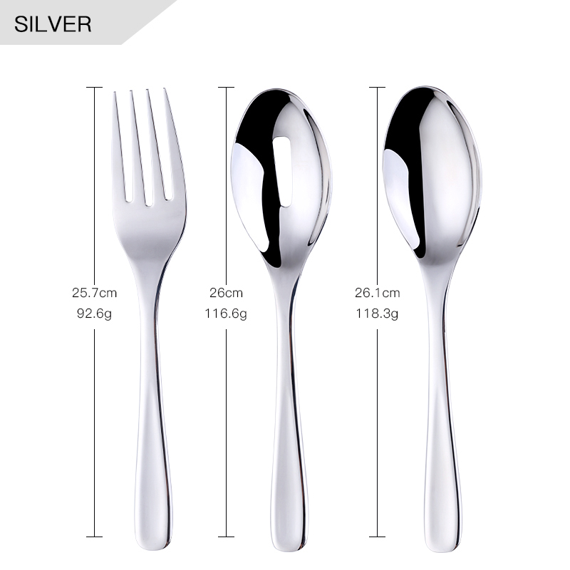 3Pcs/set 18/8 Stainless Steel Gold Flatware Big Size Long Handle Serving Salad Spoon/Fork/Colander Salad Set Kitchen Utensils: silver