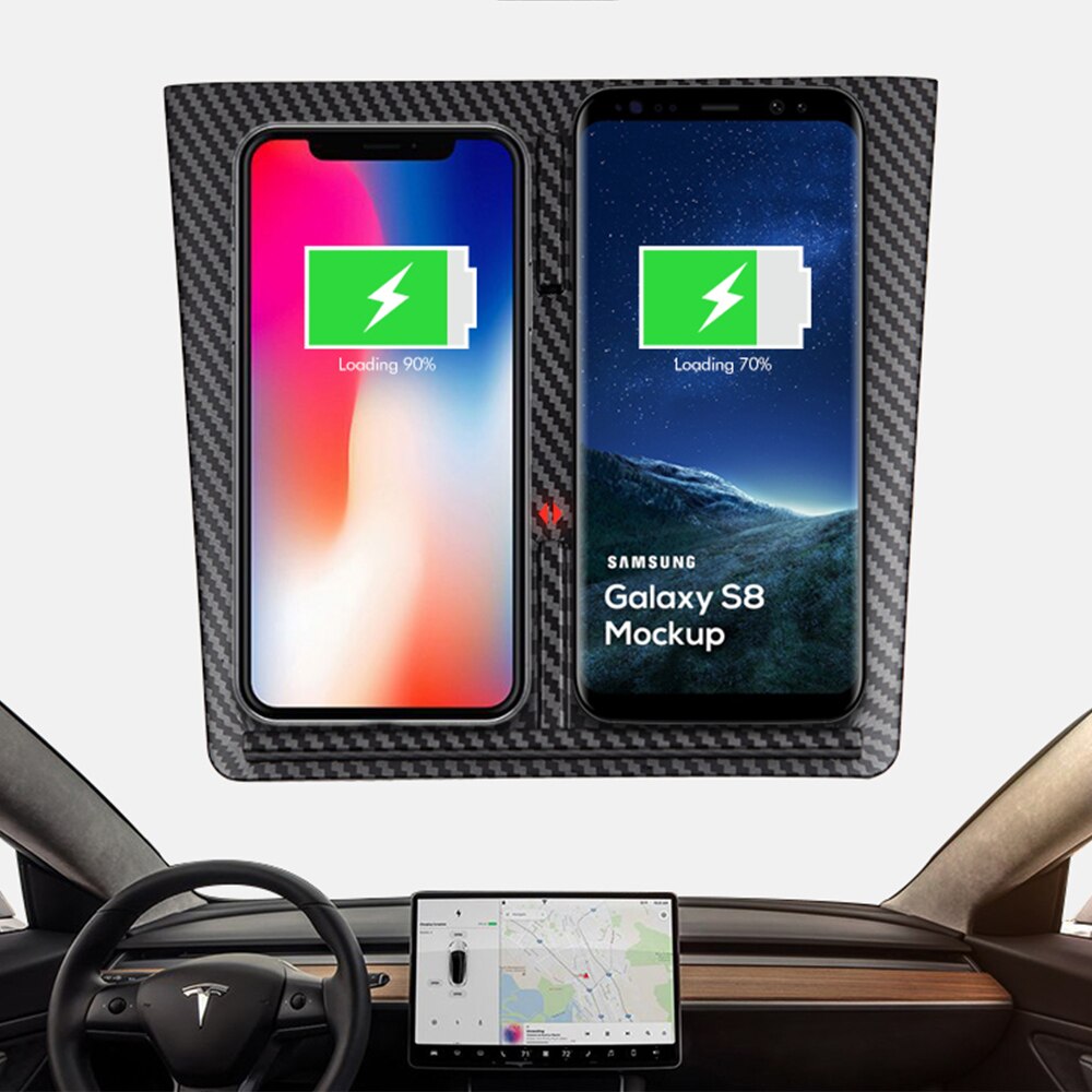 For Tesla Model 3 Y USB Ports Fast Charger Dual Phones Accessories Model3 Car Wireless Charger Carbon ABS Model Three