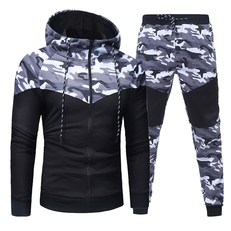 Lente Mannen Camouflage Patchwork Sets Mannelijke Gym Running Rits Hoodies Sweatshirt + Broek 2 Stuks Trainingspak Sportwear Pak