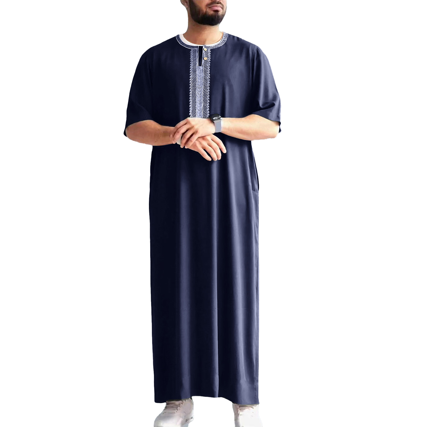 2025, geborduurde traditionele mannen boubou jalabiyas jubbah moslim mannen thobe Marokko thobes islamitische kleding Ramadan gewaad: XXL / Blauw