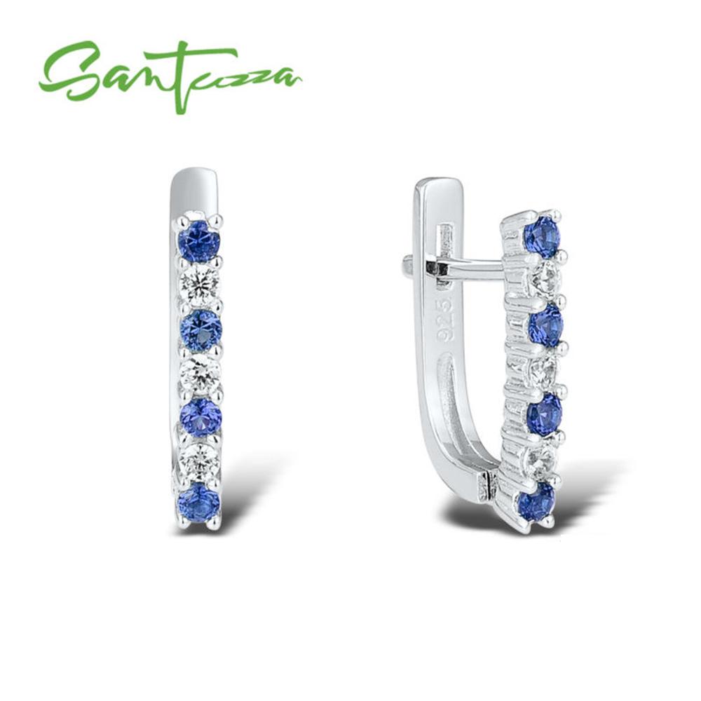 SANTUZZA de plata conjunto de joyería para mujer azul creado espinelas anillo de piedra de circonia cúbica pendientes de plata de ley 925 conjunto de joyas de