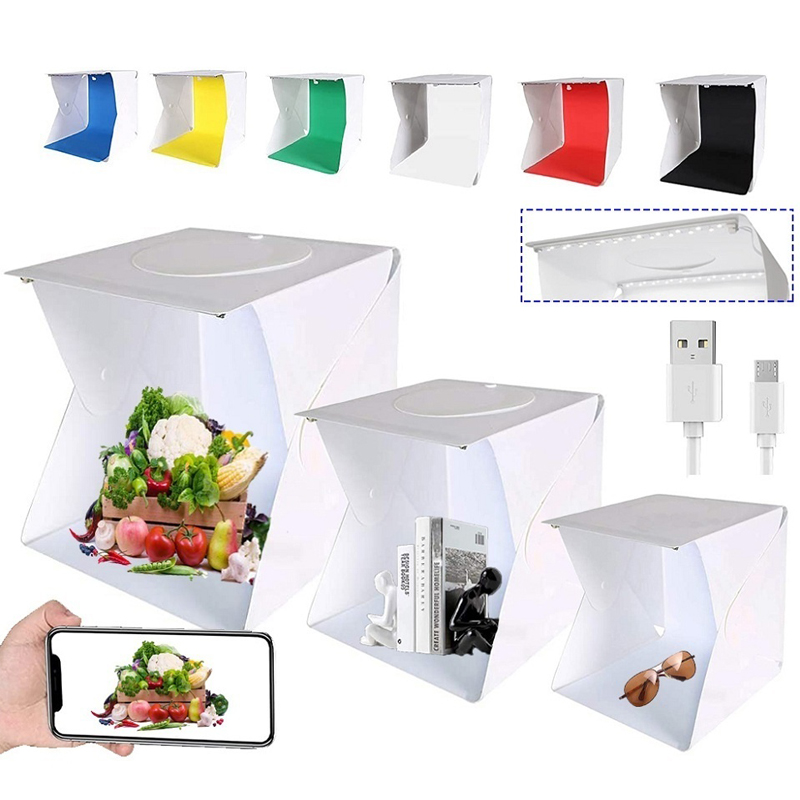 Caja de luz plegable de 20cm, fotografía portátil, tienda de estudio fotográfico LED, Softbox LED, Kit de fondo, Mini caja de luz USB para cámara DSLR