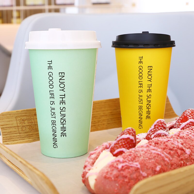 50pcs color disposable coffee cup wedding party favor 16A 500ml milk tea juice cold drink paper cups with lid