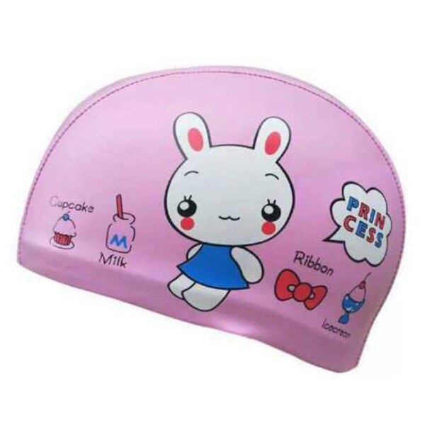 PowerPai Swimming Cap Children Waterproof PU for boys girls Comfortable Dolphine Cat Cartoon Swimming Pool Training Bathing Hood: Pink Rabit