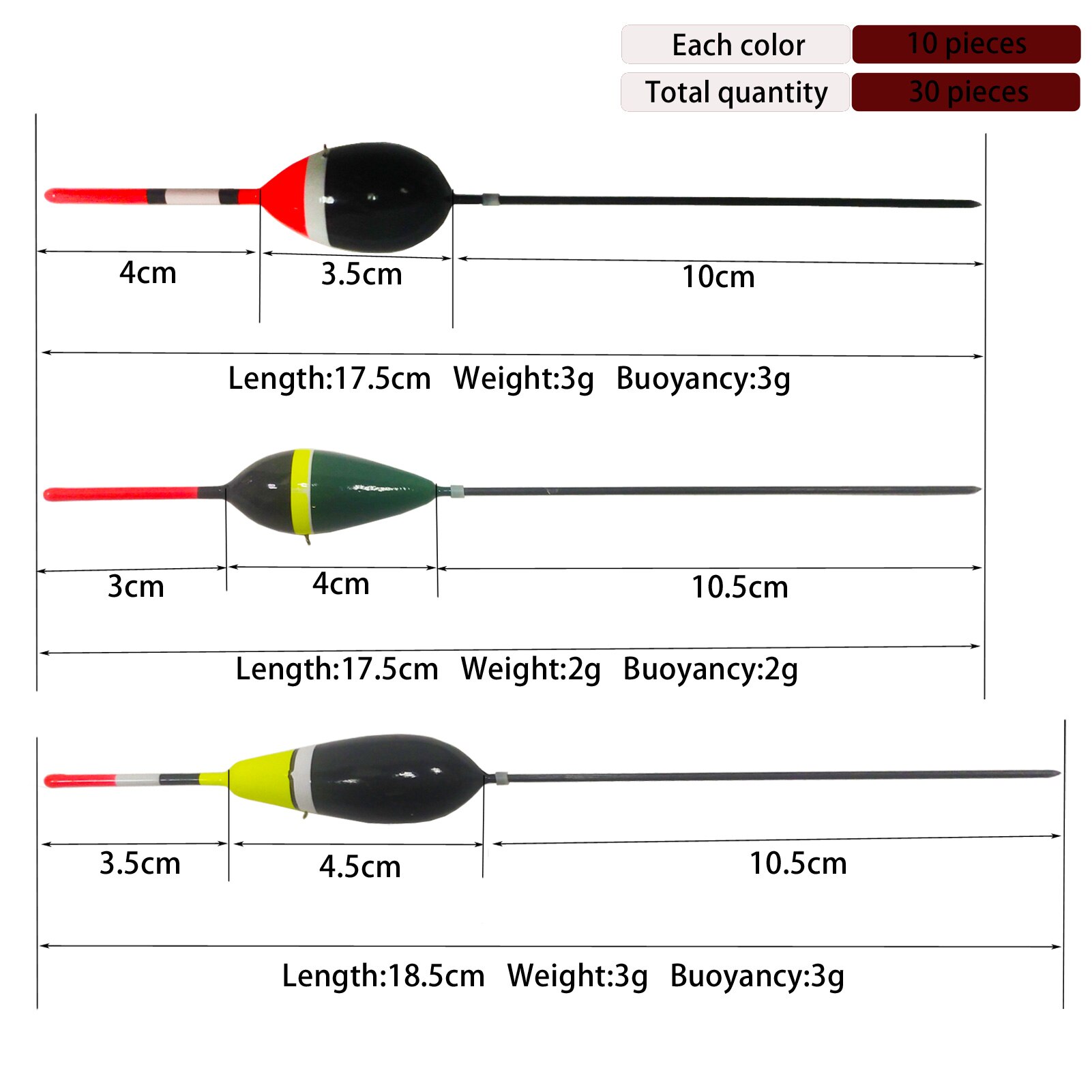 Kit de flotteurs de pêche en liège, 30 pièces, Balsa éclairé, queue longue de 17.5cm/18.5cm, 2g + 3g + 3g