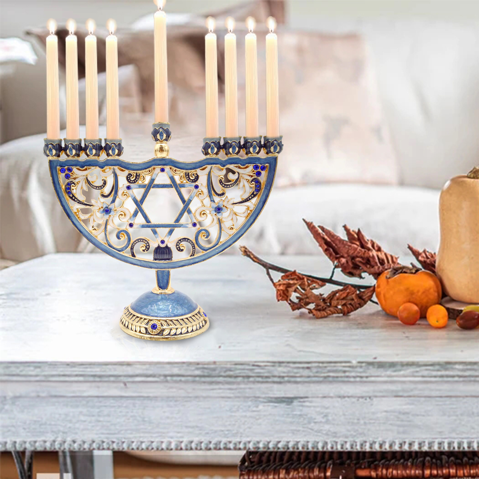 Metal Candleholder Candelabras 9 Branch Enamel Menorah Candlestick for Taper Candles
