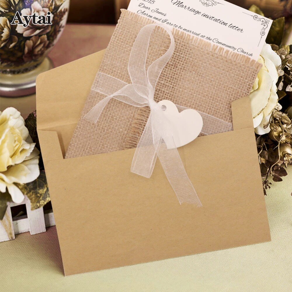 OurWarm 10 stks Jute Trouwkaarten met Monogram Tag Feestartikelen Verjaardag Rustieke Vintage Uitnodigingen Vintage Kaarten