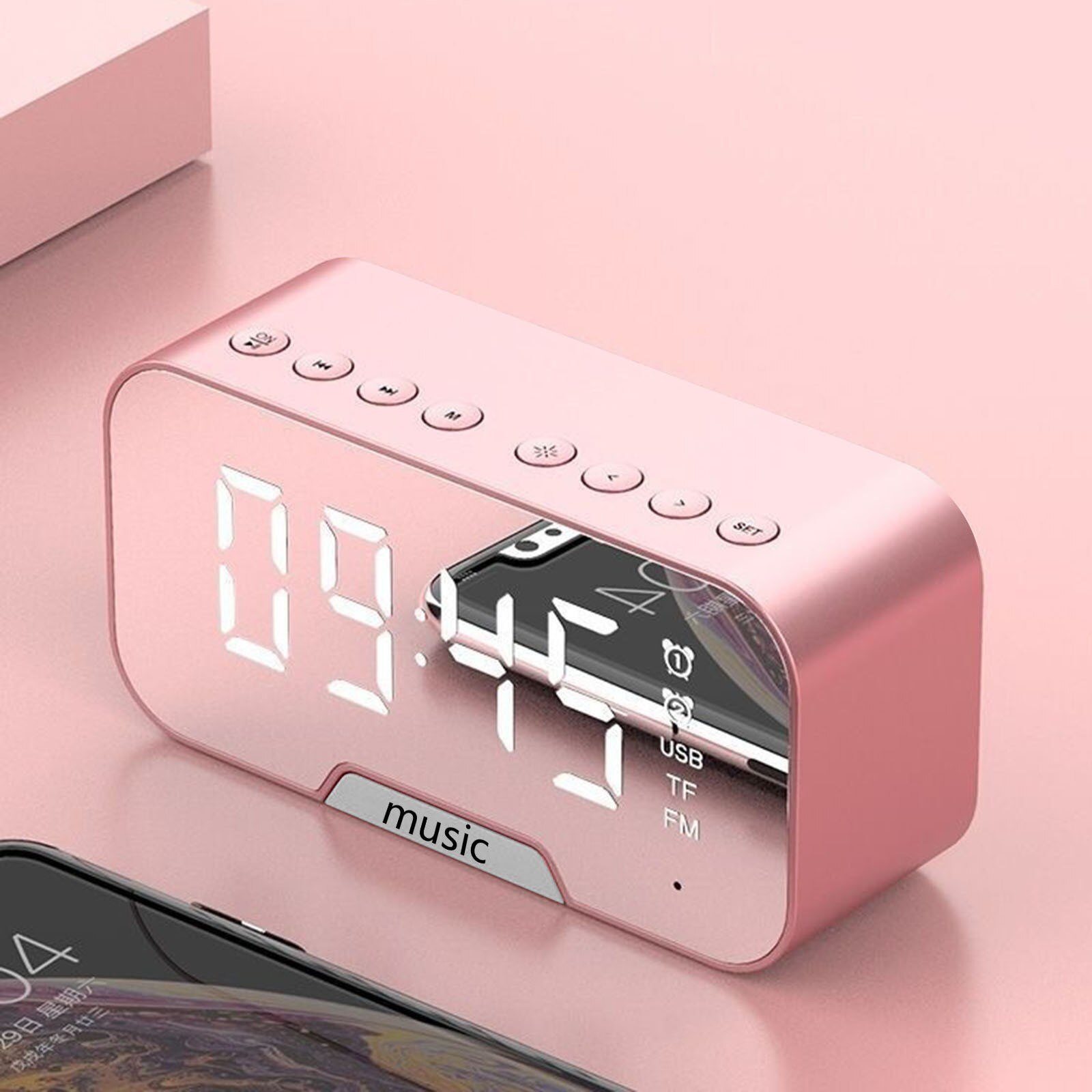 Wekker Roze Meisje Trend Bluetooth Speaker 3d Geluid Student Klok Draadloze Nachtkastje Wekker Spiegel Led Alarm Clockmusic