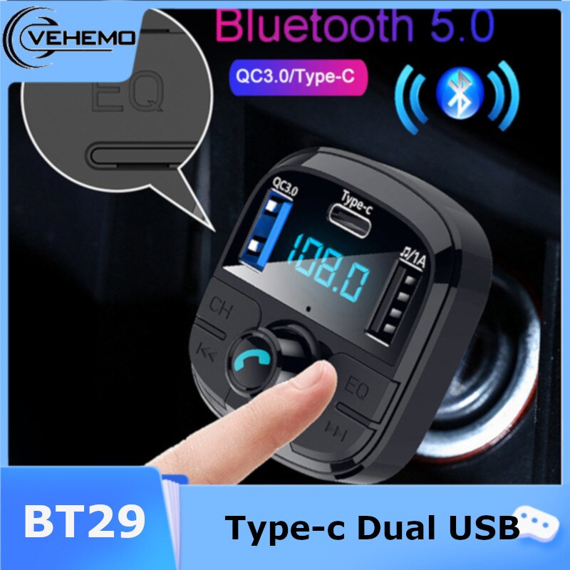 Type-C Bluetooth 5.0 Universele Auto Fm-zender Handsfree U Disk Ontvanger Stereo Muziek Auto MP3 Speler Tf Card fm Adapter