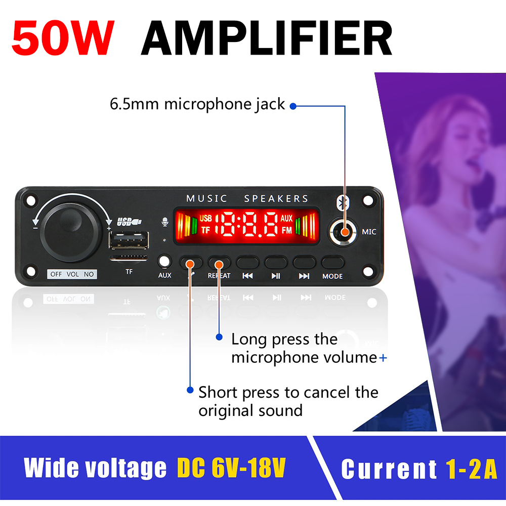 DC 6-18V Bluetooth 5.0 Digital Amplifier Module Audio Decoder Board 2.0 Channel Stereo 25W*2 Home Karaoke Control Module