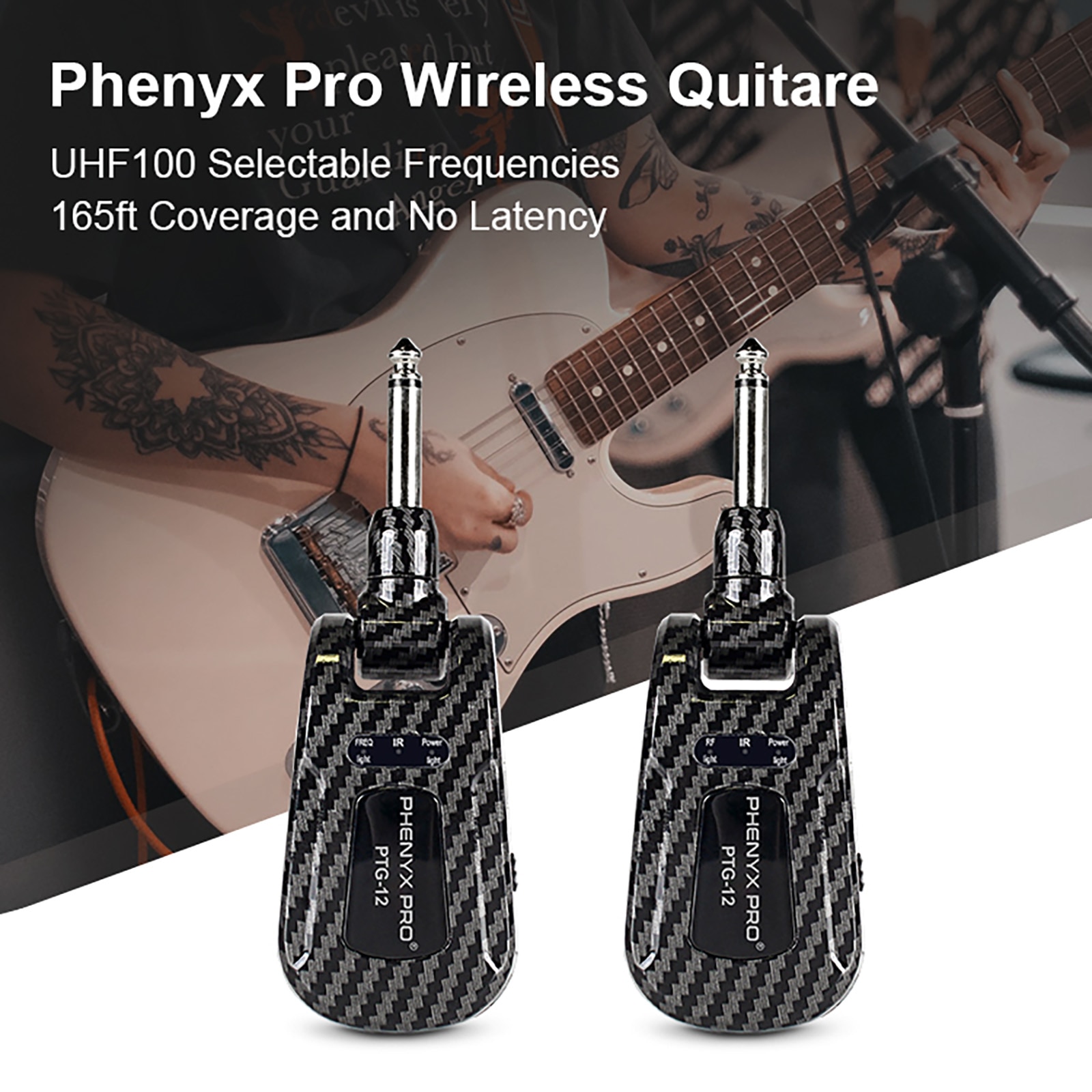 Phenyx Pro Wireless Guitar System, Rechargeable UHF Transmitter And Receiver Set, 20 Selectable Channels