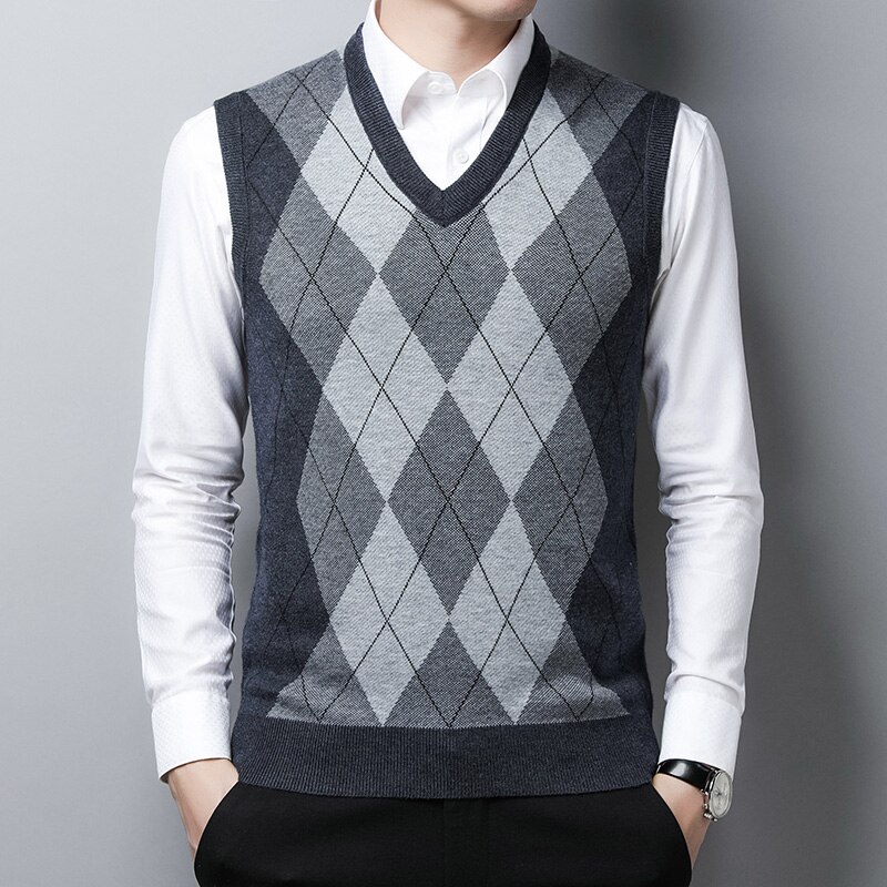 Manlig tjock tröja väst höst argyle mönster ärmlös tröja tröja casual man ull tröja väst