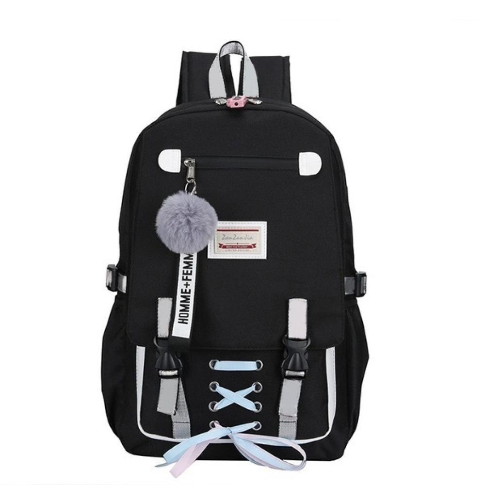 Nova moda grande sacos de escola para meninas adolescentes usb com bloqueio anti roubo mochila feminina saco de livro escola juventude lazer c: Black