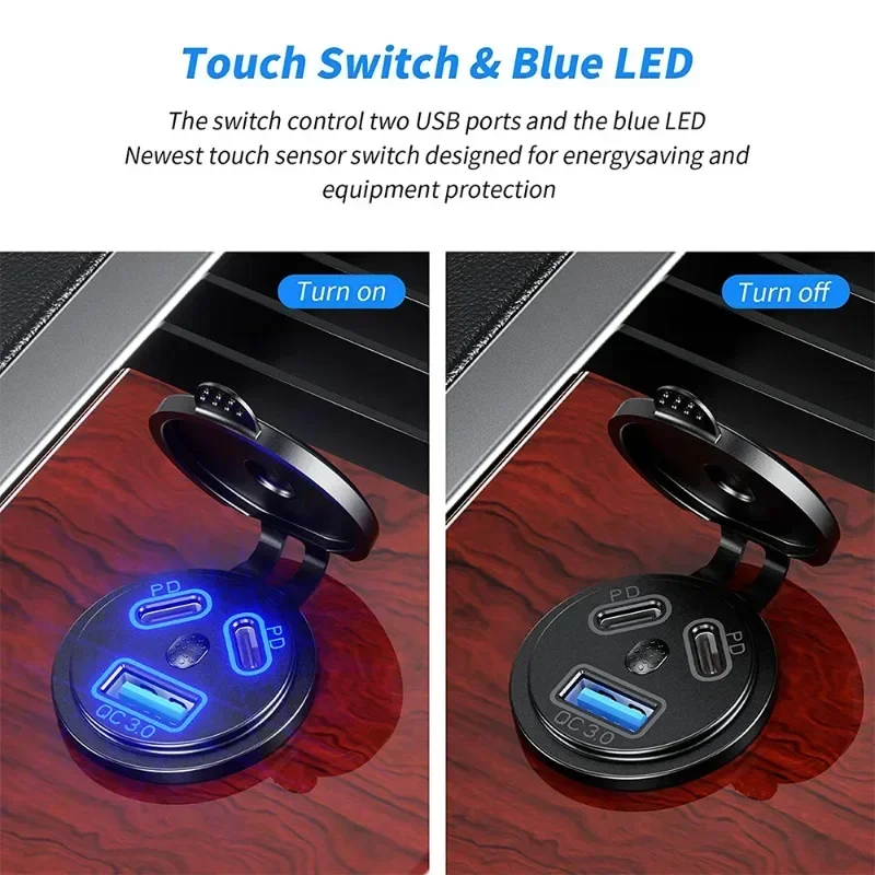 12V/24V USB-Steckdose 108W 3 Häfen Autoladegerät Dual 45W PD Typ C & 18W QC 3.0 USB-Ladegerät für Motorrad-Steckdose Ladeadapter