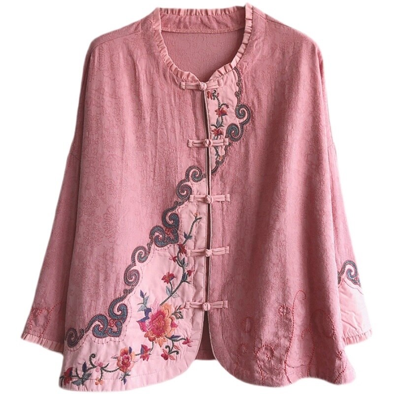 Ropa de estilo chino bordado Retro para mujer, traje Tang de té Zen chino, Tops Hanfu de lino y algodón para mujer KK3633