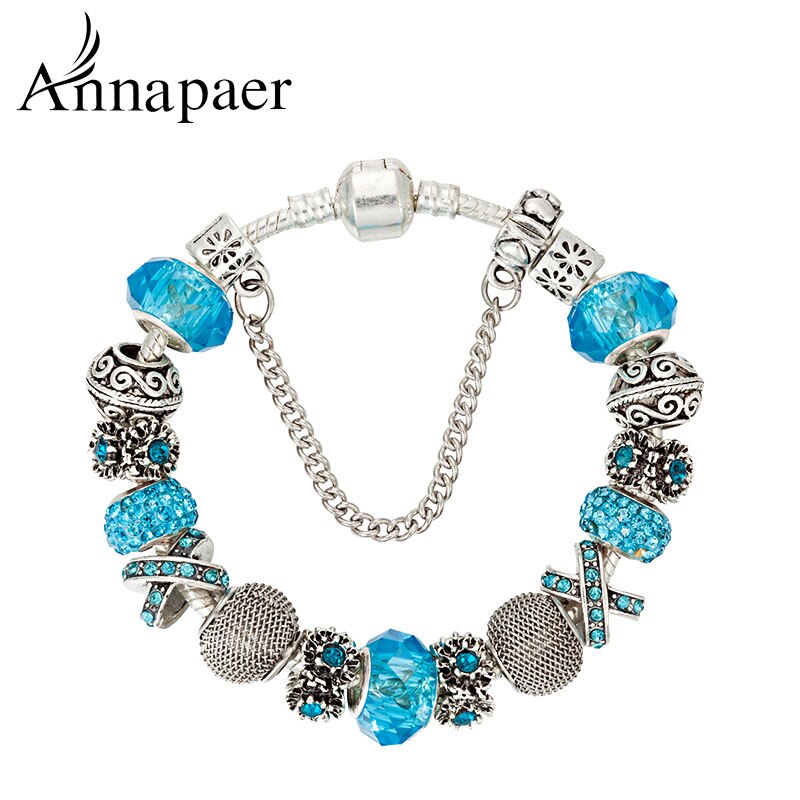 ANNAPAER Silver Color Beads of Flower Charm Bracelet & Bangles with Black Glass Beads Bracelet for Women Jewelry B17003: Blue / 18cm