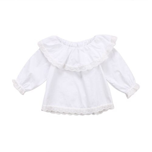 Bambino appena nato Ragazze Parti Superiori Del Bambino Della Ragazza Del Merletto di Modo Manica Lunga Off Spalla t-Shirt Top Vestiti Vestiti Del Bambino