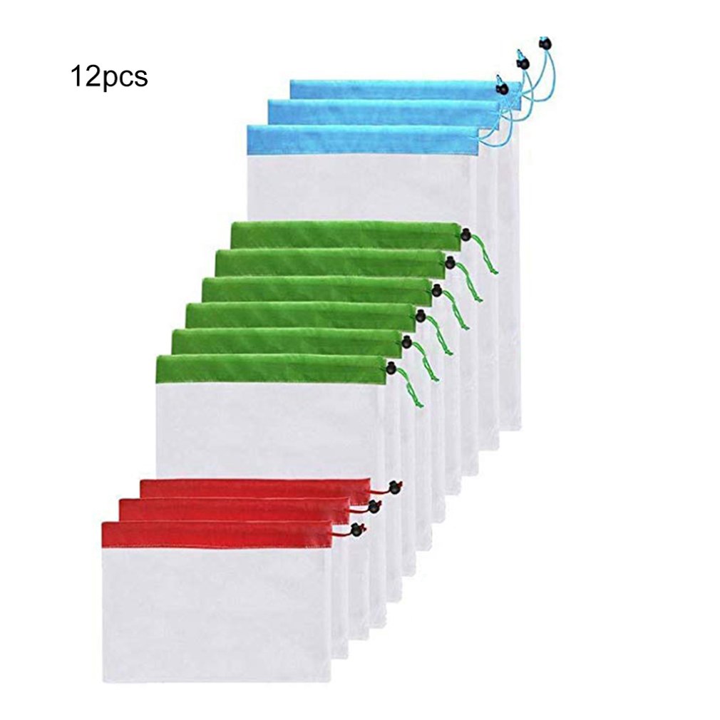 12Pcs/set Reusable Mesh Produce Bags Washable Eco Friendly Bags Fruit And Veg Bags For Grocery Shopping Storage Fruit Vegetable