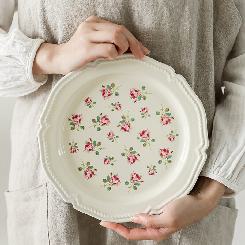 Floriferous Dessert Plate Embossed Edge Dinner Plates Dishes Household Ceramic Plate And Bowls Simple White Tableware