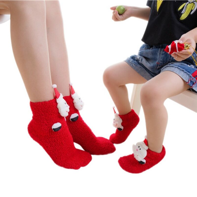 Cute Adults Women Kids Baby Christmas Cosplay Fancy Socks Family Matching Xmas Warm Ankle Socks Thick Furry Socks 1Pcs