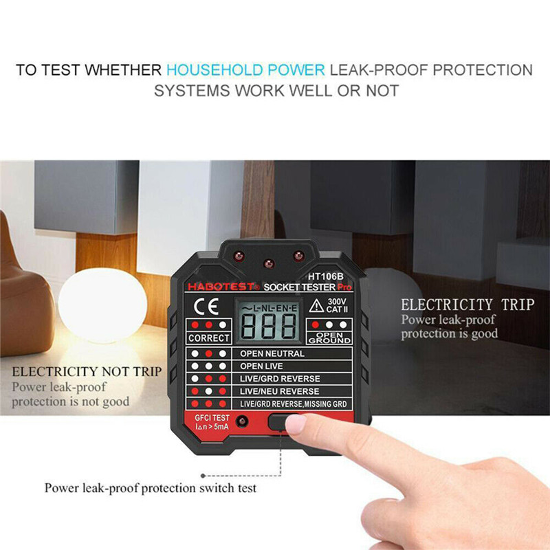 Socket Detector HT-106B Detector Power Polariteit Elektroscoop Rcd Elektrische Socket Tester Automatische Neutrale Live Aarde Draad Test