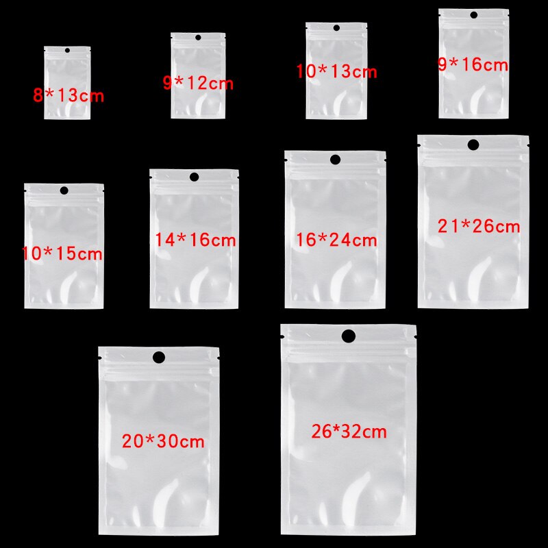 20-50pcs/lot White Clear Self Seal Zipper Plastic Zip Lock Bags Jewelry Packaging Pack Storage Package Poly Bag With Hang Hole: WHITE