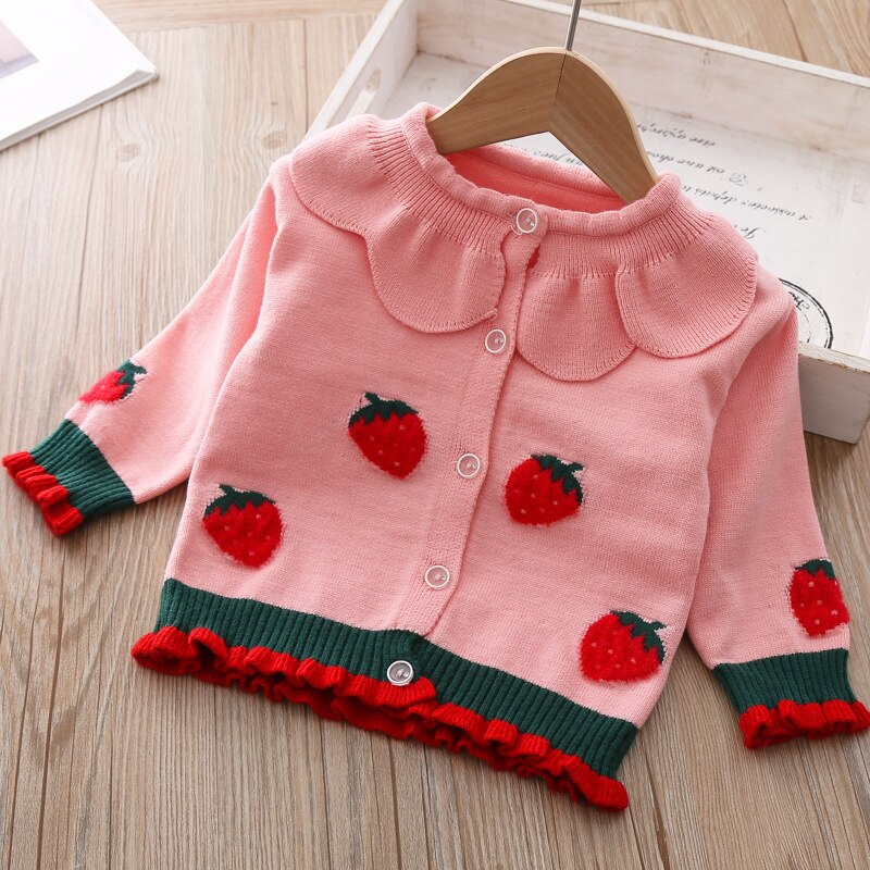 Efterår piger striktrøjer børn søde jordbær cardigans pige sweater: Lyserød / 4t