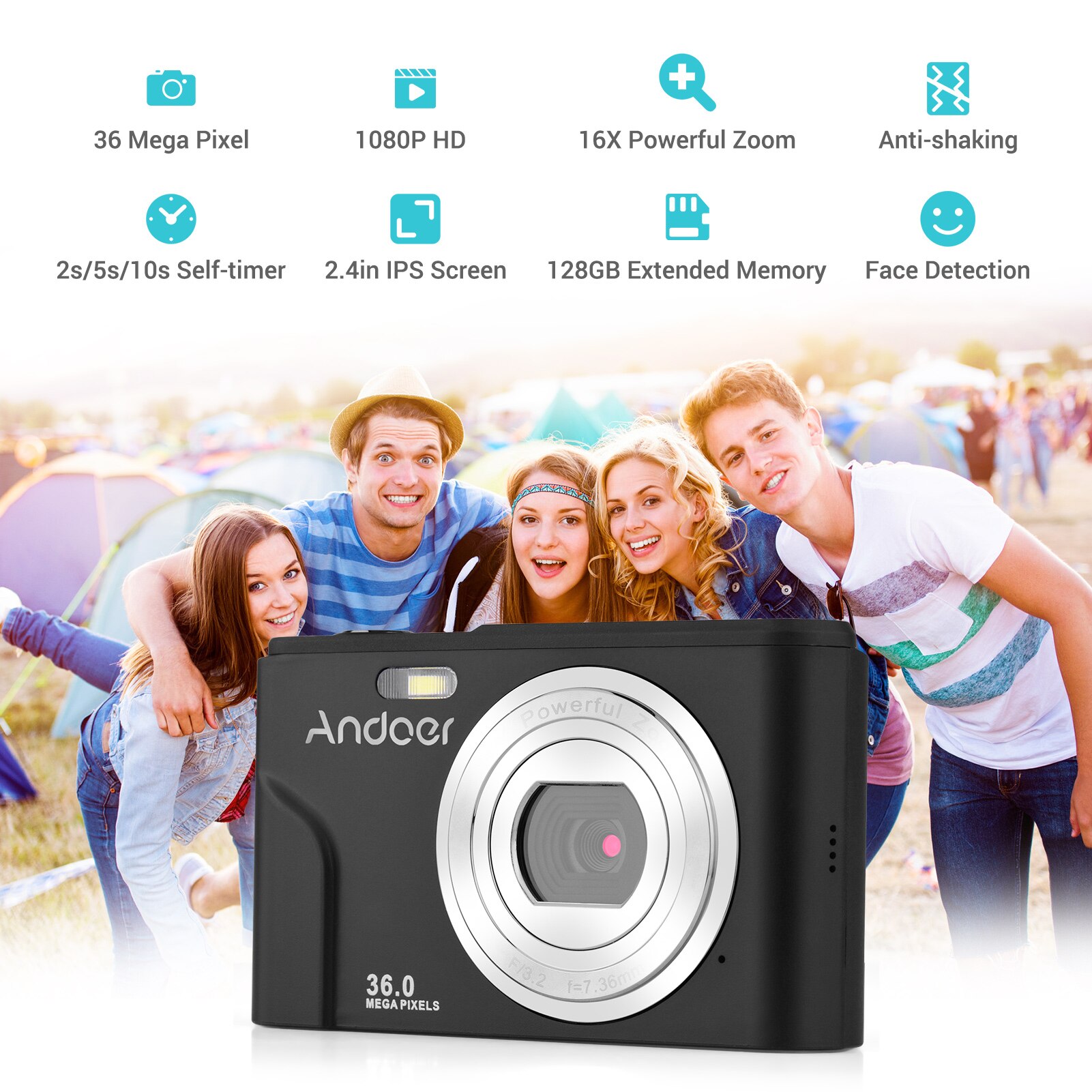 Andoer Digital Camera 36MP 1080P 2.4-inch IPS Screen 16x Zoom Self-Timer 128GB Extended Memory Face Detection Anti-shaking