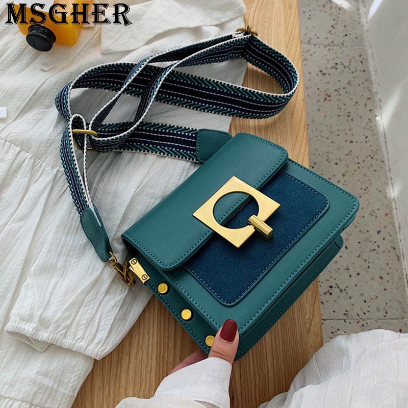 Msgher panelled rebite flap feminina bolsa de ombro de couro fosco retalhos listra selvagem textura do vintage novo 2019 menina saco wb3021