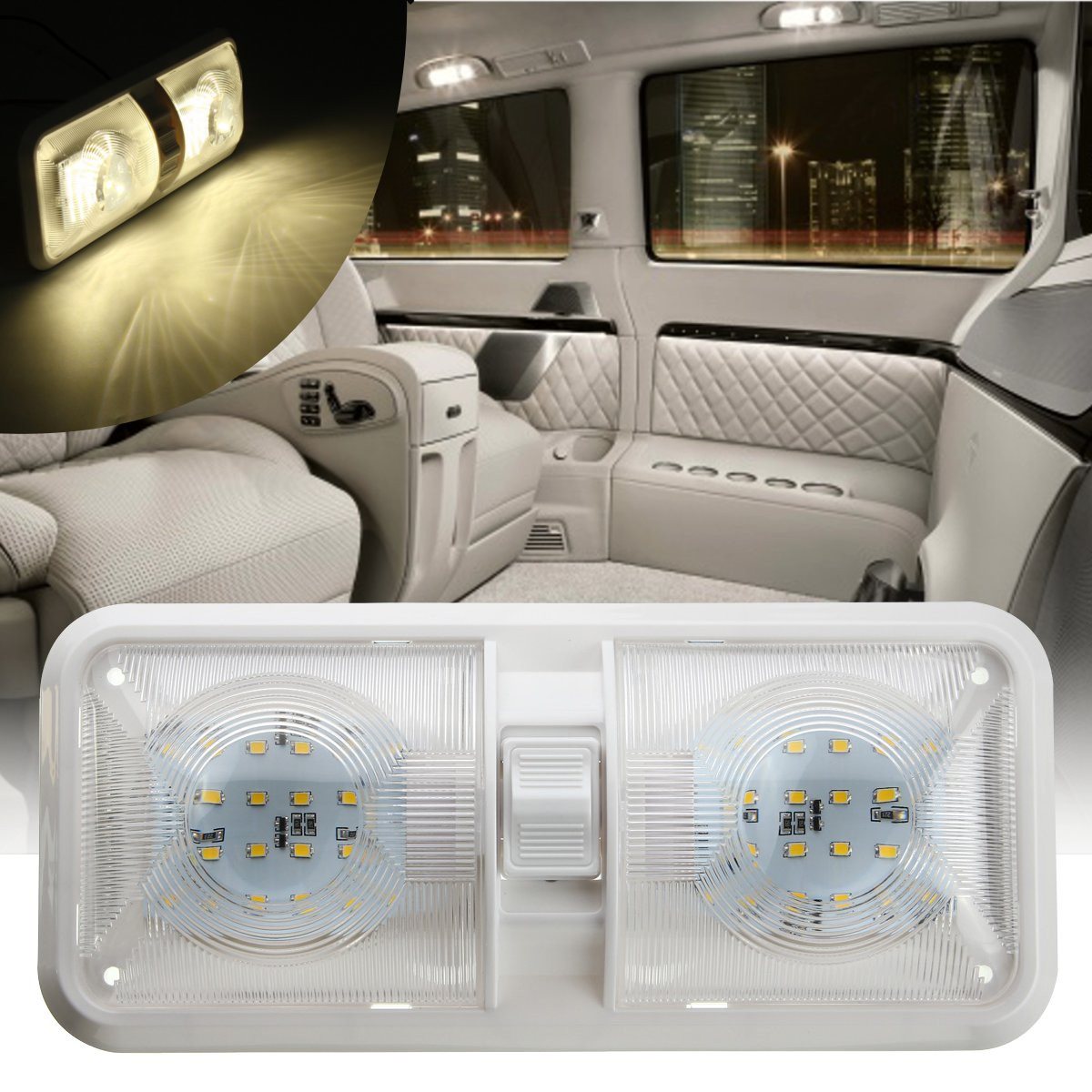 Double Dome Light 12V 48 LED Interior Roof Ceiling Reading For RV Boat For Camper Trailer Plastic 1PC White