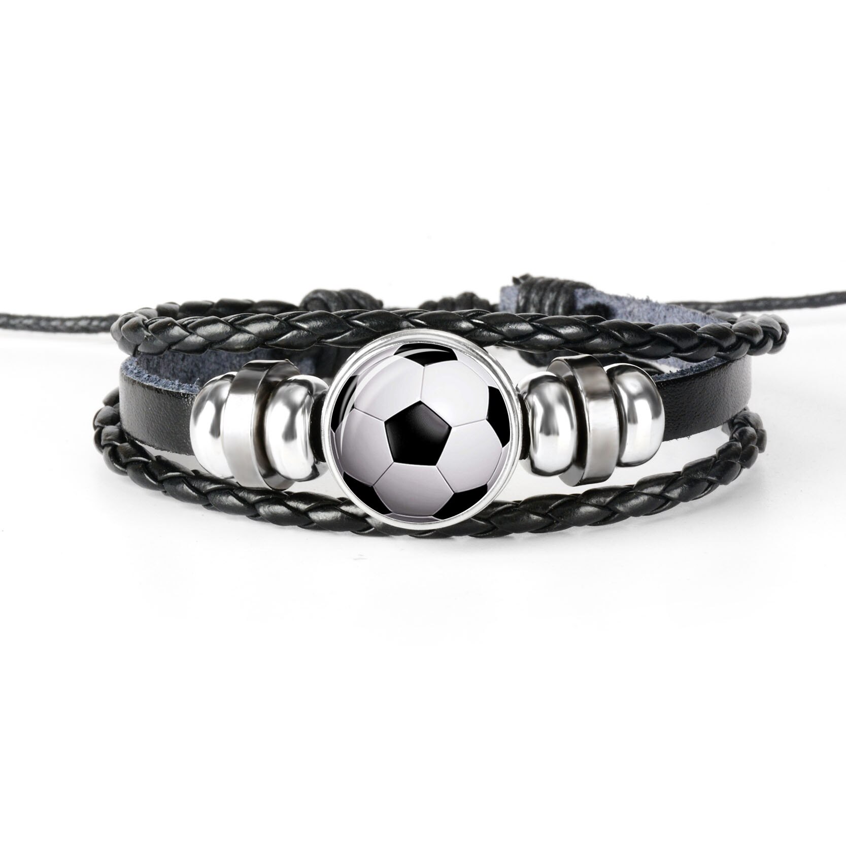 Pulsera deportiva de cuero de tejido negro para hombre, brazalete de foto de fútbol, béisbol, baloncesto, voleibol, pulsera cabujón cristal