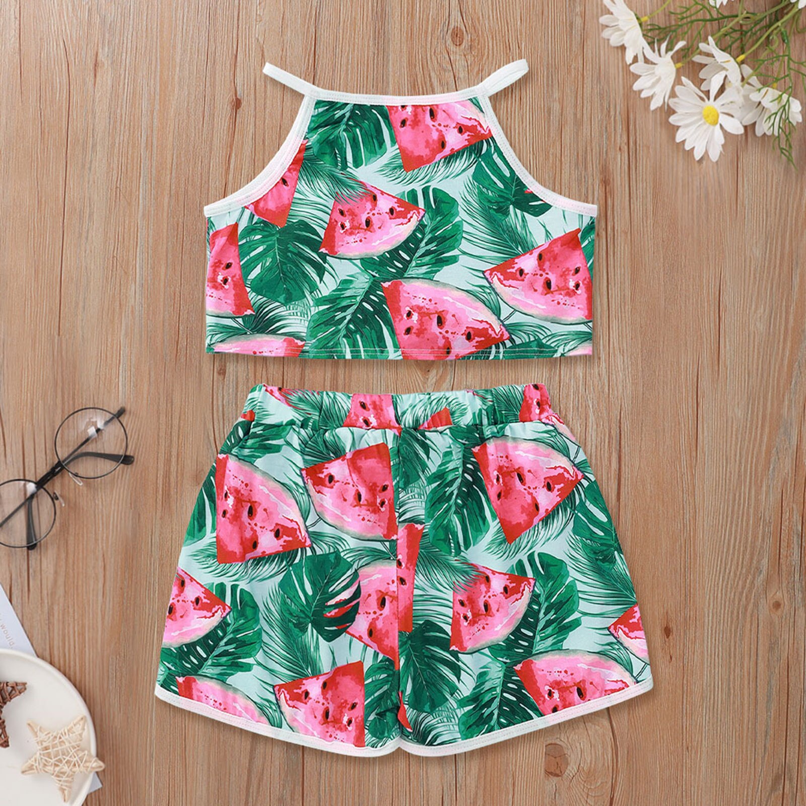 Kids Girls Exercise Sports Tracksuit Casual Dance Suit 2Pcs Outfits Summer Watermelon Print Cropped Vest Tops and Shorts Gym Set