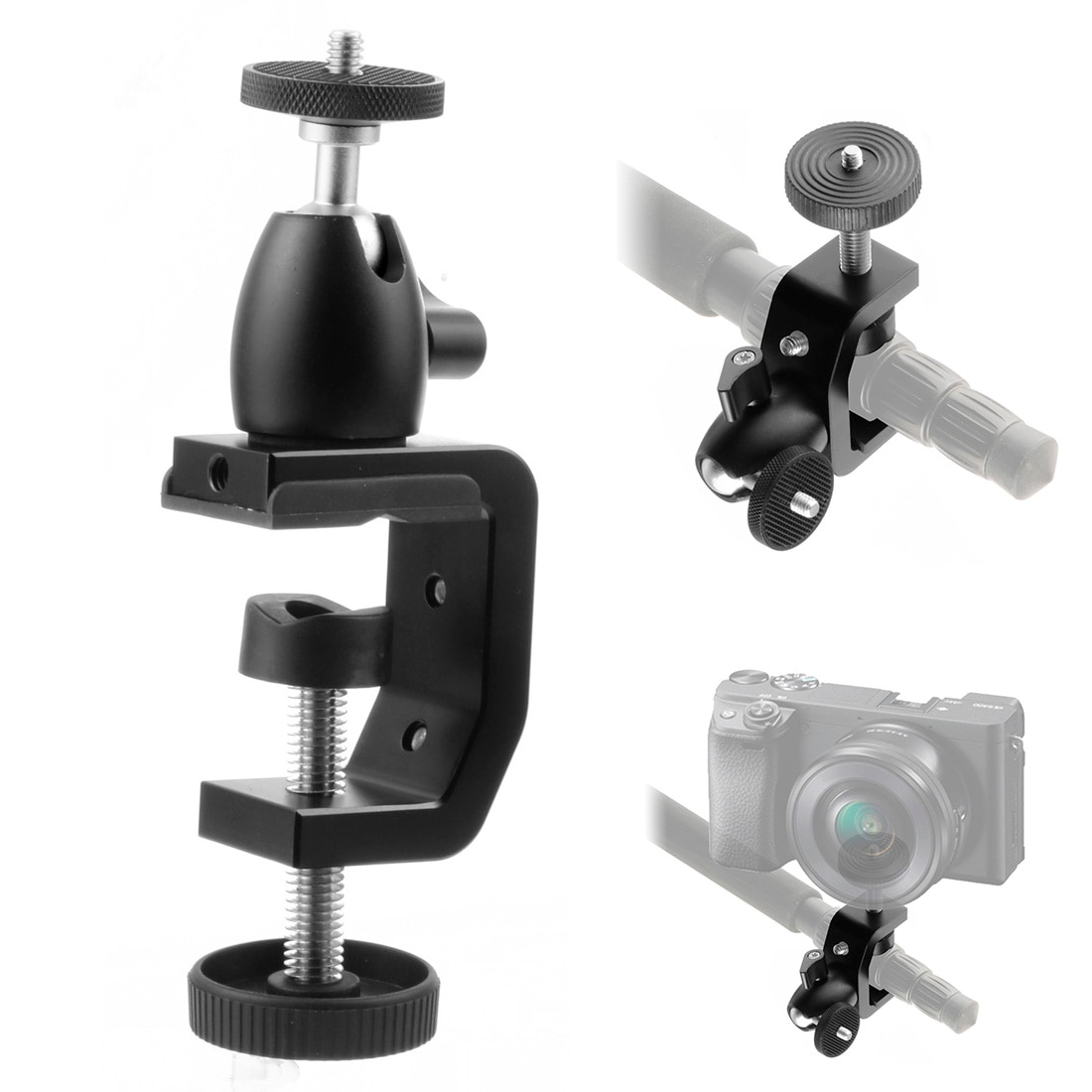 Desktop C-style Camera Screw Clamp + 360 Rotatable Mini Ball Head 1/4 Universal Aluminum Alloy for SLR Flash Light Bracket Stand