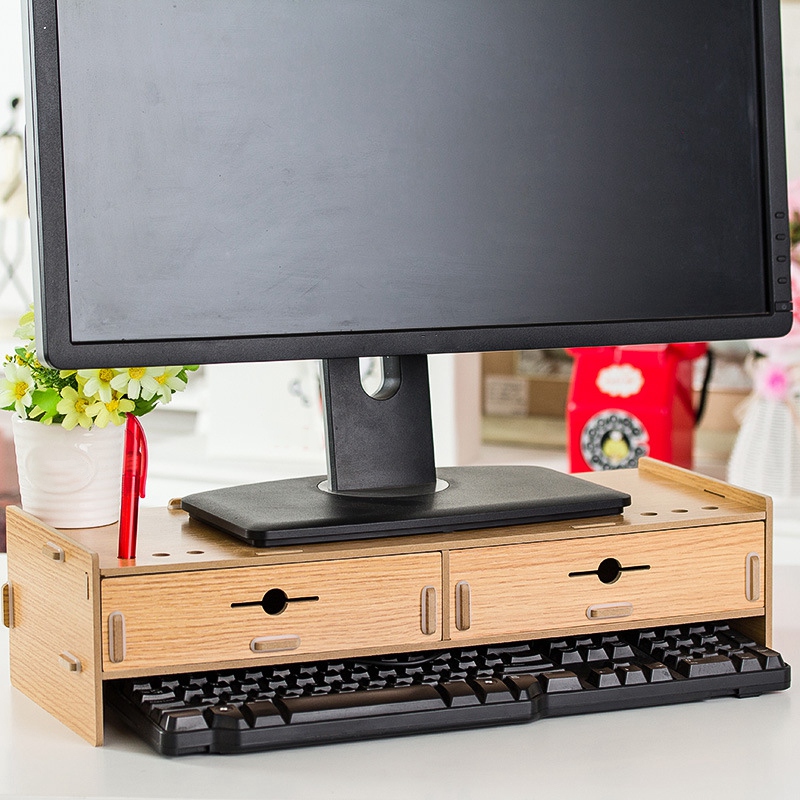 Soporte de Monitor de madera, estante de escritorio de ordenador con ranuras de almacenamiento de ratón de teclado para suministros de oficina, computadora de la escuela, elevador Ra