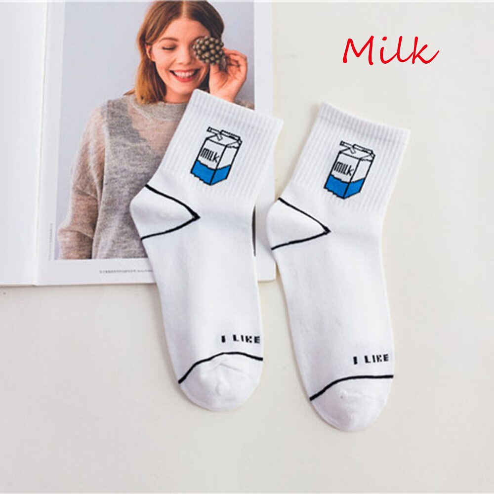 Women Socks Cartoon White Cute Banana Milk Dinosaur Cotton Warmth Long Socks Cute Funny Illustration Letter Socks: Milk