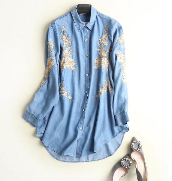Boyfriend Gold line flor bordada mediados de la Camisa larga mujeres suelta manga larga Denim blusa Tops blusas