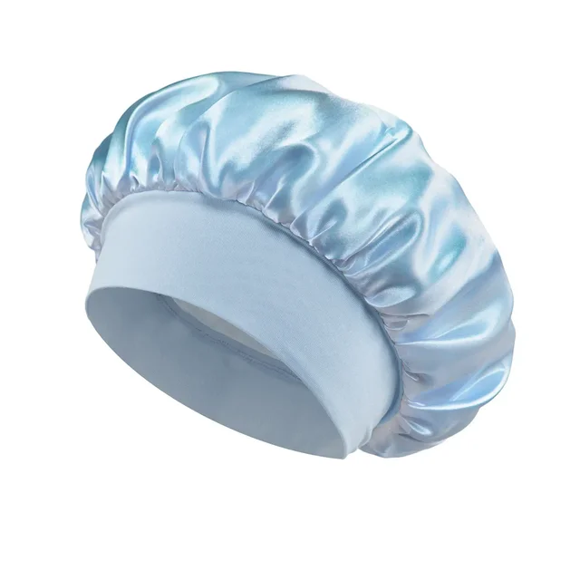 Women Satin Bonnet Hair Bonnet for Sleeping Hair Care Silk Bonnets Solid Wide-brimmed Sleeping Hat with Elastic Soft Band: SKY BLUE
