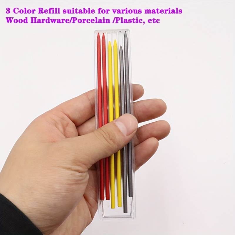 Lápiz de carpintero sólido para carpintería, mecánico, 3 colores, recarga de marcado de construcción, sacapuntas incorporado de plomo